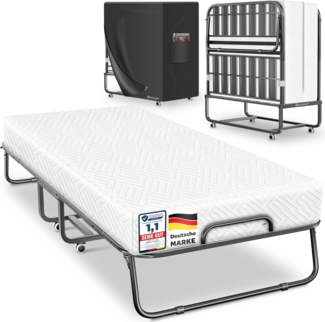 KESSER® Klappbett 200x90cm Gästebett inkl. Matratze aus Memory-Schaum & Rollen | faltbares Reisebett mit Metallrahmen für Erwachsene belastbar bis 250kg | Metallbett mit Schaumstoffmatratze & Cover Weiß, Premium Komfort