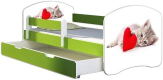 ACMA Kinderbett Jugendbett mit Einer Schublade und Matratze Grün mit Rausfallschutz Lattenrost II 140x70 160x80 180x80 (40 Katze mit Herz, 180x80 + Bettkasten)