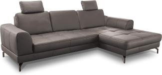 CAVADORE Ledergarnitur Benda / Großes Ecksofa mit XL-Longchair rechts & Federkern / Inkl. Sitztiefenverstellung & Kopfstützen / 284 x 87 x 175 / Echtleder: graubraun