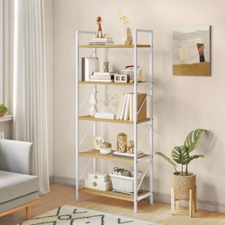 YITAHOME Bücherregal, Standregal mit 5 Ebenen, Hohes Lagerregal mit Metallrahmen, Industrielles Ausstellungsregal, Regaleinheiten, für Wohnzimmer, Schlafzimmer, Homeoffice, Küche, Weiß und Eiche Regal