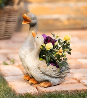 Pflanzer "Gänsepaar" aus Polyresin, wetterfest, Pflanztopf, Outdoor Blumentopf, Pflanzgefäß, Gartendeko für Außen