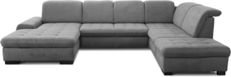 CAVADORE U-Form Lexi mit XXL-Longchair / Inkl. Bett, Bettkasten, Stauraum und Kopfteilfunktion / Leichte Fleckenentfernung dank Soft Clean / 329x82-99x224 / Flachgewebe: Grau
