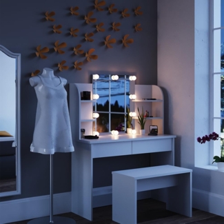 Vicco Schminktisch Weiß 108 cm mit LED Beleuchtung und Bank, Charlotte