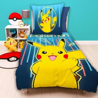 Pokemon Bettwäsche für Kinder mit Pikachu 135x200 80x80 cm Motiv Glow aus 100% Baumwolle