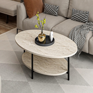 Hanah Home Elegant Coffee Table, Travertine Color, 90 x 36 x 60 cm | 100% Melamine Coated Particle Board, 18 mm Thick | Stylish Marble Design for Modern Living Spaces