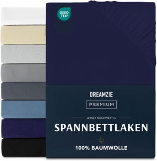 Dreamzie Premium Spannbettlaken 180x200 cm, Spannbetttuch für Dicke Matratzen bis zu 27 cm, Bettlaken 100% Jersey Baumwolle, 150 g/m², Oeko-TEX zertifiziert - Dunkelblau