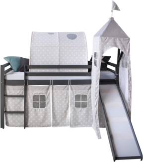 Homestyle4u Spielbett mit Tunnel, Rutsche und Turm, Kiefernholz grau, 90x200 cm