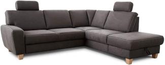 Cavadore Ecksofa Wisconsin mit Bettfunktion / Schlafsofa mit Federkern in Lederoptik / Inkl. 2 Kopfstützen + Stauraum / Landhausstil / Holzfüße in Buche / 248 x 88 x 215 cm / Dunkelgrau