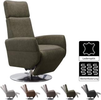 Cavadore TV-Sessel Cobra / Fernsehsessel mit Liegefunktion, Relaxfunktion / Stufenlos verstellbar / Ergonomie S / Belastbar bis 130 kg / 71 x 108 x 82 / Lederoptik Olive