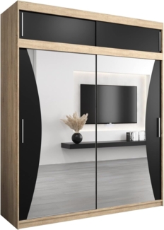 Kryspol Schwebetürenschrank Monaco 200 cm mit Spiegel Kleiderschrank mit Kleiderstange und Einlegeboden Schlafzimmer- Wohnzimmerschrank Schiebetüren Modern Design (Sonoma + Schwarz mit Erweiterung)