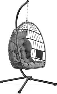 SONGMICS Schaukelstuhl mit Gestell, klappbarer Korbsessel höhenverstellbar, Hängeschaukel für Garten Balkon, Kissen, grau