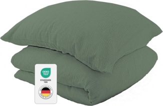 jilda-tex Bio-Bettwäsche Musselin Medina 100% Bio-Baumwolle Knitterlook Bügelfrei Uni Made in Green (Grün, 135x200 + 80x80 cm)