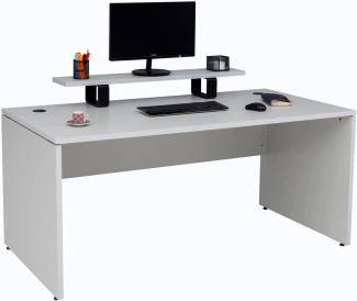 furni24 Schreibtisch fürs Arbeitszimmer und Home Office - Großer laminierter Computertisch aus Holz, 2 Kabeldurchlässe, Bodengleiter (Grau, inkl. Monitorständer, 180 x 80 x 75 cm)