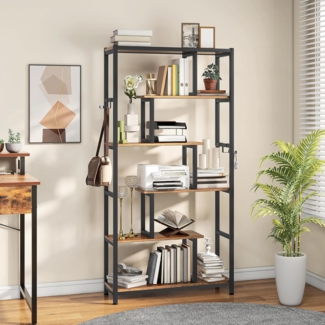 YITAHOME Bücherregal, 6-stöckiges Industriell Standregal mit 4 Haken, Großes Standgerät Regal mit Stahlrahmen Büroregal Ausstellungsregaleinheiten für Wohnzimmer Schlafzimmer Heimbüro, Vintagebraun