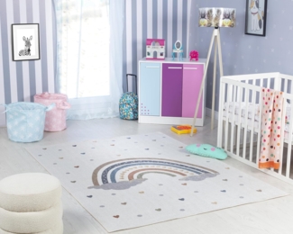 Livabliss Regenbogen Kinderteppich waschbar - Cartoon Teppich 160x213 cm, Waschbarer Teppich Kinderzimmer oder Babyzimmer, Krabbelteppich oder Spielteppich - Baby Teppich für Jungen & Mädchen, Creme
