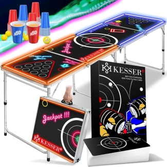 KESSER® Beer Pong Tisch Set mit Kartenspiel Trinkspiel - inkl. 100 Becher (50 Rot & 50 Blau), 6 Bälle + Regelwerk Partyspiele Table Höhenverstellbar Klappbarer Classic - mit LED