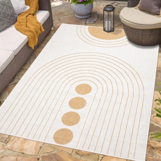 carpet city In- & Outdoor-Teppich Ockergelb, Creme - Wendeteppich - 160x230 cm - Kreis-Muster - Wetterbeständig für Balkon, Terrasse - Teppiche Modern Indoor Wohnzimmer, Küche