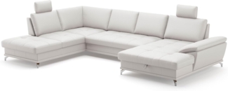 Cavadore Wohnlandschaft Castiel mit Federkern / Sofalandschaft mit großem Longchair, Sitztiefenverstellung, Kopfstützen und satinierten Metallfüßen / 363x89-104x223 / Echtleder, Weiß