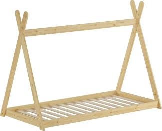 Niedriges Tipi-Kinderbett, Holzbett 90x200 Kiefer natur lackiert, Zubehör wählbar V-60.27-09Rollrost inkl.
