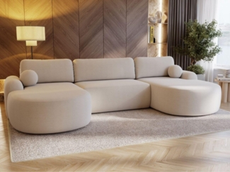 GrainGold Ecksofa U-Form AURIO mit Schlaffunktion und Bettkasten - Creme, Universal, Wellenfedern, T30-Schaum