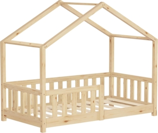 ML-DESIGN Spielbett Hausbett Kinderbett inkl. Lattenrost & Rausfallschutz Kinder Bodenbett, Abenteuerbett 70x140 cm Haus Bett Himmelbett Kiefer Jugendbett Natur