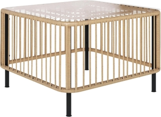 Outsunny Gartentisch aus Polyrattan, mit Glasplatte (quadrarischer Terrassentisch, 1-St, wetterfest Beistelltisch), 65 x 65 x 43 cm, für Garten, Terrasse, Balkon Naturholz