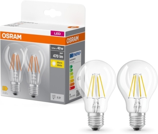 Osram BASE CLASSIC A FIL 40 LED-Lampe mit Sockel E27, klassische Kolbenform, Doppelpack, 4W, 470lm, 2700K, warmweißes Licht, geringe Wärmeentwicklung, lange Lebensdauer, geringer Energieverbrauch