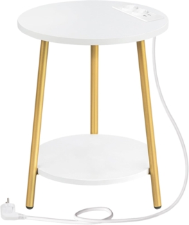 HOOBRO Beistelltisch mit Ladestation, runder Couchtisch mit 2 Ebenen, Wohnzimmertisch, Nachttisch für kleine Räume, Sofatisch für Wohnzimmer, Schlafzimmer, Weiß und Gold EDW67CBZ01