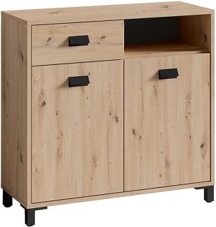 byLIVING Badezimmer Kommode WELLNESS in Artisan Eiche, Griffe aus Metall in schwarz / Badschrank mit einer Schublade und zwei Türen / B 80,5, H 77,5, T 31 cm