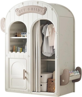 habeig Kinderkleiderschrank Beige-Hellbraun, 132x115x53cm, mit Kleiderstange, Schuhablage, Vorhang alles abgerundet und kinderfreundlich