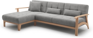 Cavadore Ecksofa Billan / Schlafsofa im skandinavischen Design mit Longchair, Bett und massivem Holzgestell in Buche / 264 x 88 x 183 / Mikrofaser, Grau