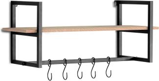 LIFA LIVING Schwarze Wandgarderobe aus Metall und MDF Holz, Vintage Garderobenleiste für die Wand mit Ablage und 5 Haken, Garderobe, 28 x 70 x 29 cm