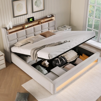 REDOM Polsterbett Doppelbett Bett Stauraumbett Jugendbett gepolsteres Bettgestell (Massivholz Untergestell mit Hydraulisch anhebbarer Bettstauraum, Samt Bezug Funktionsbett mIt Staufächer 180x200 cm Ohne Matratze), mit weichem Kopfteil Schaum-Polsterun...