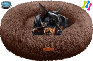 LOVPET® Hundebett Hundekissen Katzenbett Bagel, Waschbar, Inkl. Napf + 3x Kauknochen, Hundesofa flauschig Kissen Rund aus Plüsch für Kleine, Mittelgroße & Große Hunde, Katzen Braun, 4XL (120 x 120 cm)