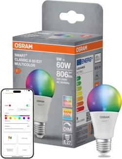 Osram SMART+ Matter LED-Lampe A60 Kolbenform 9W E27 RGBW, dimmbar, steuerbar per App & Sprache, kompatibel mit Alexa, Google, Apple, WiFi, White