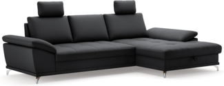 Cavadore Ecksofa Castiel mit Federkern / Eckcouch mit großem Longchair, Sitztiefenverstellung, Kopfstützen und mattschwarzen Metallfüßen / 301x89-114x176 / Echtleder, Schwarz