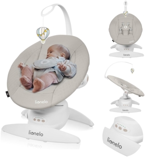 LIONELO Iris Elektrisch Babywippe 360o drehbar für Babys bis zu 9 kg Verstellbare Rückenlehne, 5 Wiegegeschwindigkeiten Rutschfester Sicherheitsgurt, 12 Melodien Bügel mit Spielzeug Babypflege