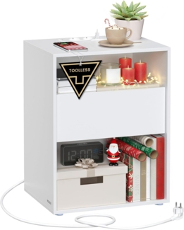 Vasagle Toolless-Technologie, superschnelle werkzeuglose Montage, Nachttisch, Beistelltisch mit Ladefunktion, Nachtschrank mit Schublade, modern, Schlafzimmer, Wohnzimmer, mattweiß LETDE777W04