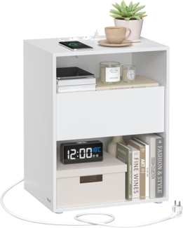 Vasagle Toolless-Technologie, superschnelle werkzeuglose Montage, Nachttisch, Beistelltisch mit Ladefunktion, Nachtschrank mit Schublade, modern, Schlafzimmer, Wohnzimmer, mattweiß LETDE777W04