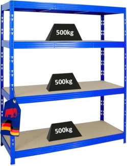 PROREGAL Profi Schwerlastregal Rhino BREIT blau HxBxT 180 x 160 x 60 cm Fachlast 500kg 4X Spanplatten-Ebenen 16mm Garagenregal, Lagerregal, Steckregal, Weitspannregal