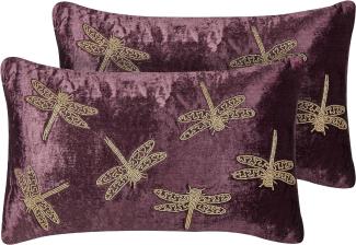 Kissen 2er Set DAYLILY Samtstoff 30 x 50 cm Tiermuster Stickerei Violett