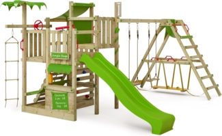 FATMOOSE Klettergerüst Spielturm CrazyCoconut mit Schaukel SurfSwing & apfelgrüner Rutsche, Gartenspielgerät mit Sandkasten, Leiter & Spiel-Zubehör
