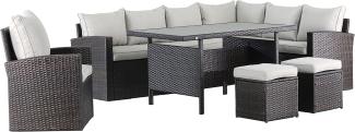 Mandalika Garden Polyrattan Dining-Ecklounge "Melos XL" inkl. Ecksofa, Tisch, Sessel, Hockern und Kissen, braun / creme