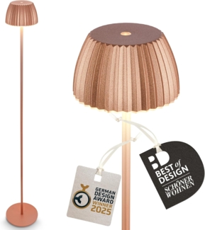 BRILONER - Riffle LED Stehlampe kabellos IP44 mit Touch, dimmbar, Memoryfunktion, Akku tauschbar, Akku Stehleuchte, Leselampe, Wohnzimmerlampe, German Design Award Winner, 19x124 cm, Kupferfarben