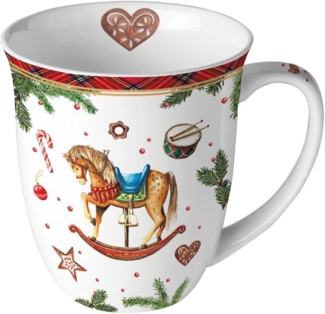 Ambiente Luxury Paper Products Becher Weihnachtsbecher- Silvester - Herbst / Winter Tee - Kaffee Tasse, 1-tlg, Porzellan Schaukelpferd, Weihnachtstasse, Weihnachten, Tannen, Zapfen - Becher 0,4 L Klassisches Schaukelpferd weiß, Kollektion, Mug, Weihnac...