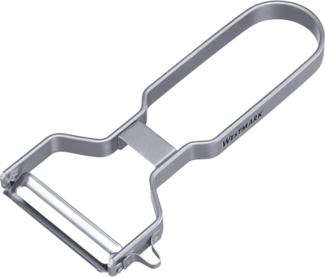 Westmark Edelstahl Sparschäler – Stabiler klassischer U-Schäler mit 2-seitig schneidender Klinge und Aushöhler für Schadstellen – für Rechts- und Linkshänder