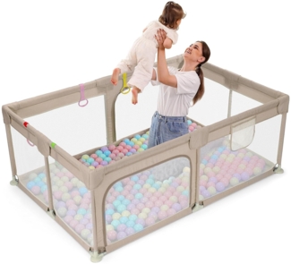 Dripex Laufstall Baby 120x180 cm, Laufgitter Baby mit Nachhaltiger Leinenstoff, Baby Laufstall mit atmungsaktivem Netz, große Sicherheitsspielplatz, Laufstall, Braun