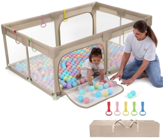 Dripex Laufstall Baby 120x180 cm, Laufgitter Baby mit Nachhaltiger Leinenstoff, Baby Laufstall mit atmungsaktivem Netz, große Sicherheitsspielplatz, Laufstall, Braun