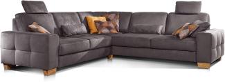 Cavadore Ecksofa Puccino mit Federkern, verstellbaren Sitztiefen und 2 Kopfstützen / Couch gleichschenklig in L-Form im Landhausstil / 276 x 86 x 271 cm / Mikrofaser braun