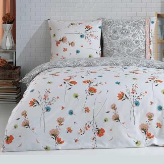 Buymax Bettwäsche Adalia, Aria, Renforcé, 3 teilig, Bettbezug-Set 200x220 cm 100% Baumwolle Reißverschluss Blumen Weiß